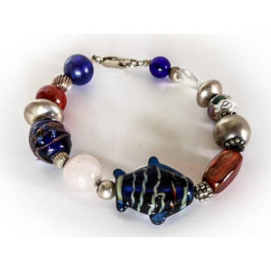 Vintage Sterling Silver Fish Charm Bracelet – Glass & Quartz 7"